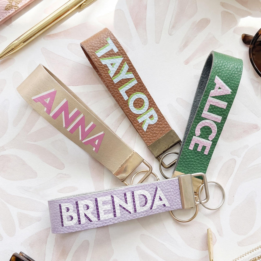 Personalized Shadow Monogram Vegan Leather Wristlet strap Keychain Key Ring Holder