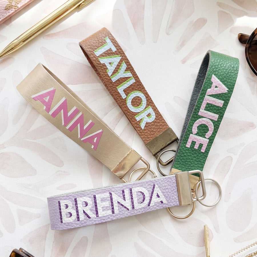 Personalized Shadow Monogram Vegan Leather Wristlet strap Keychain Key Ring Holder