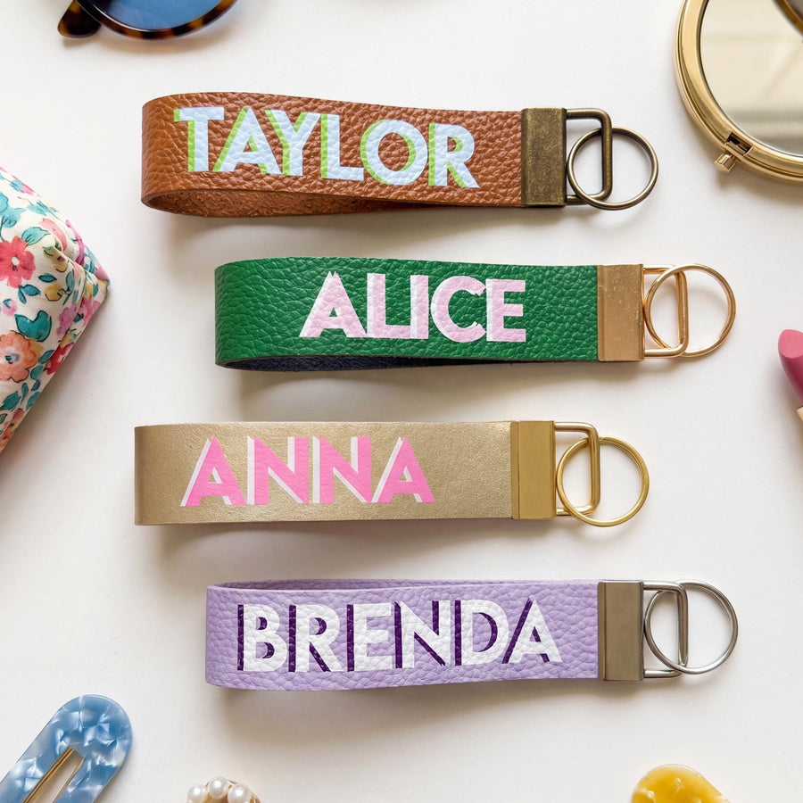 Personalized Shadow Monogram Vegan Leather Wristlet strap Keychain Key Ring Holder