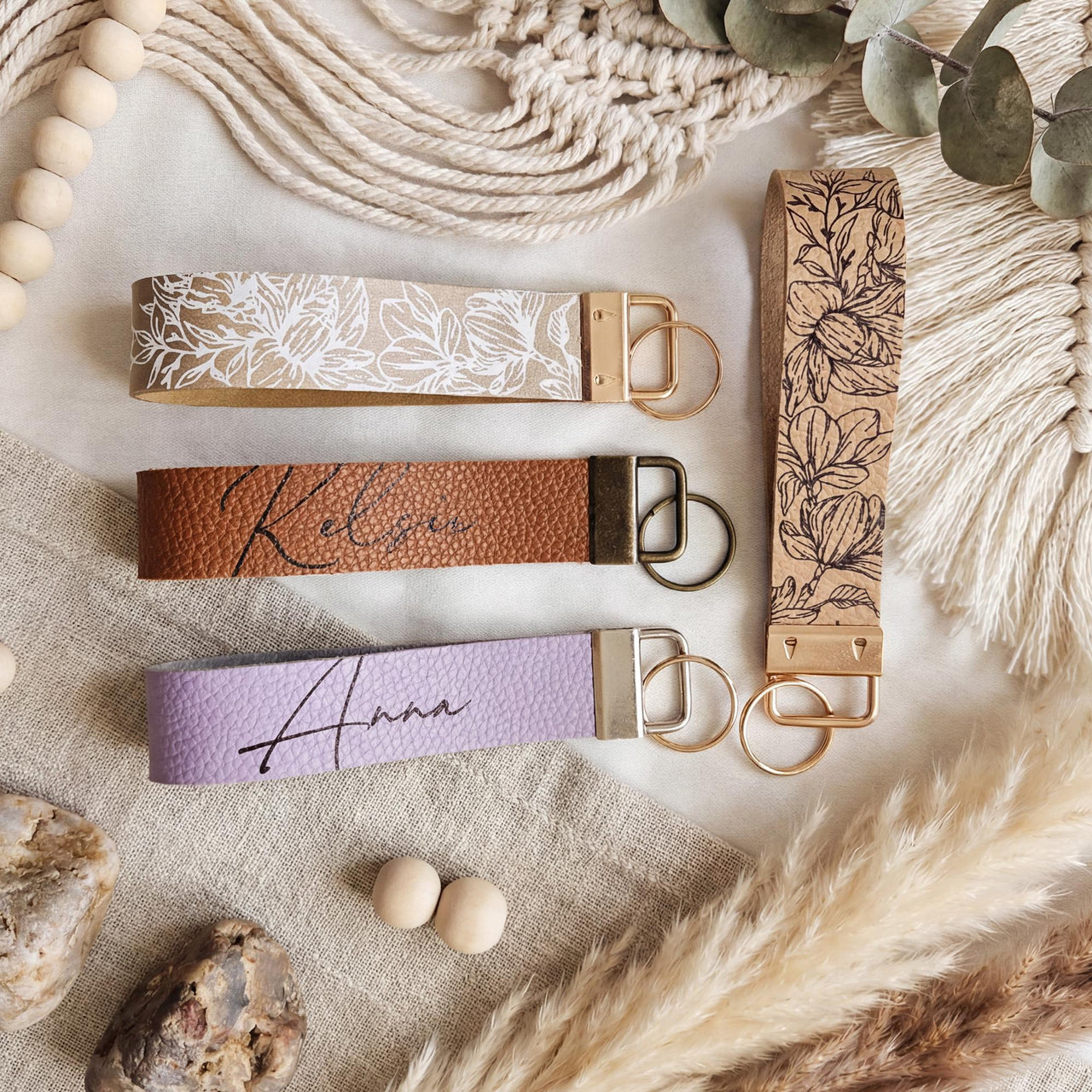 Personalized Vegan Leather Wristlet strap Keychain Key Ring Holder