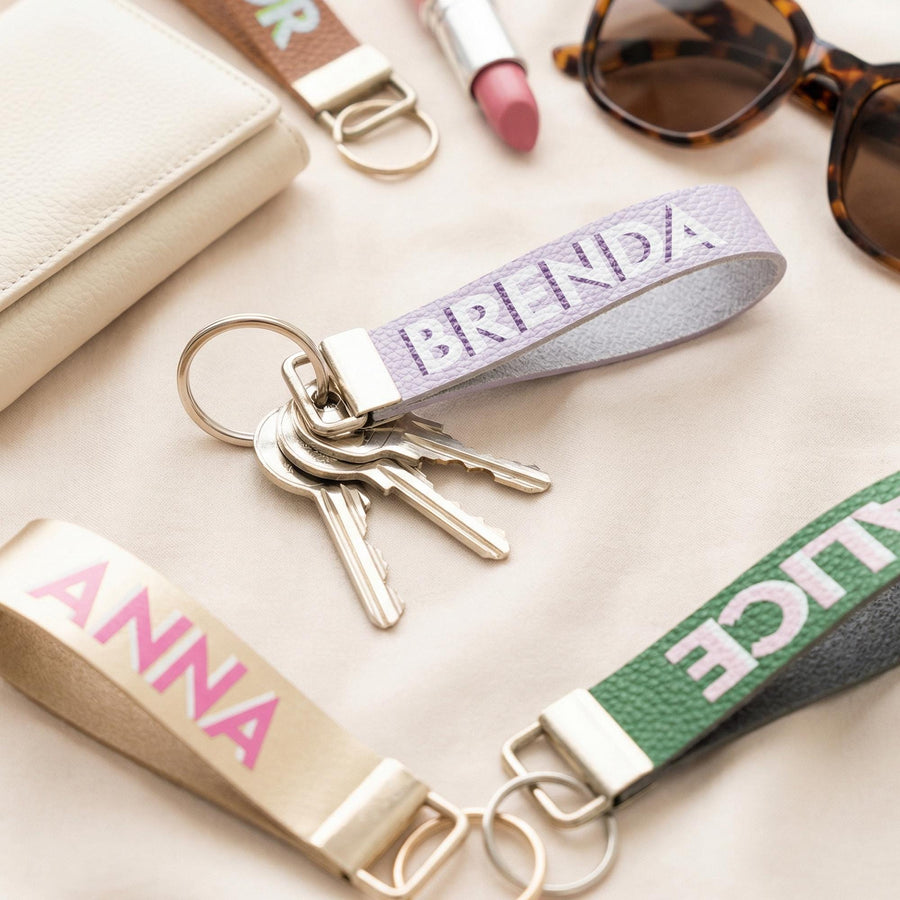 Personalized Shadow Monogram Vegan Leather Wristlet strap Keychain Key Ring Holder