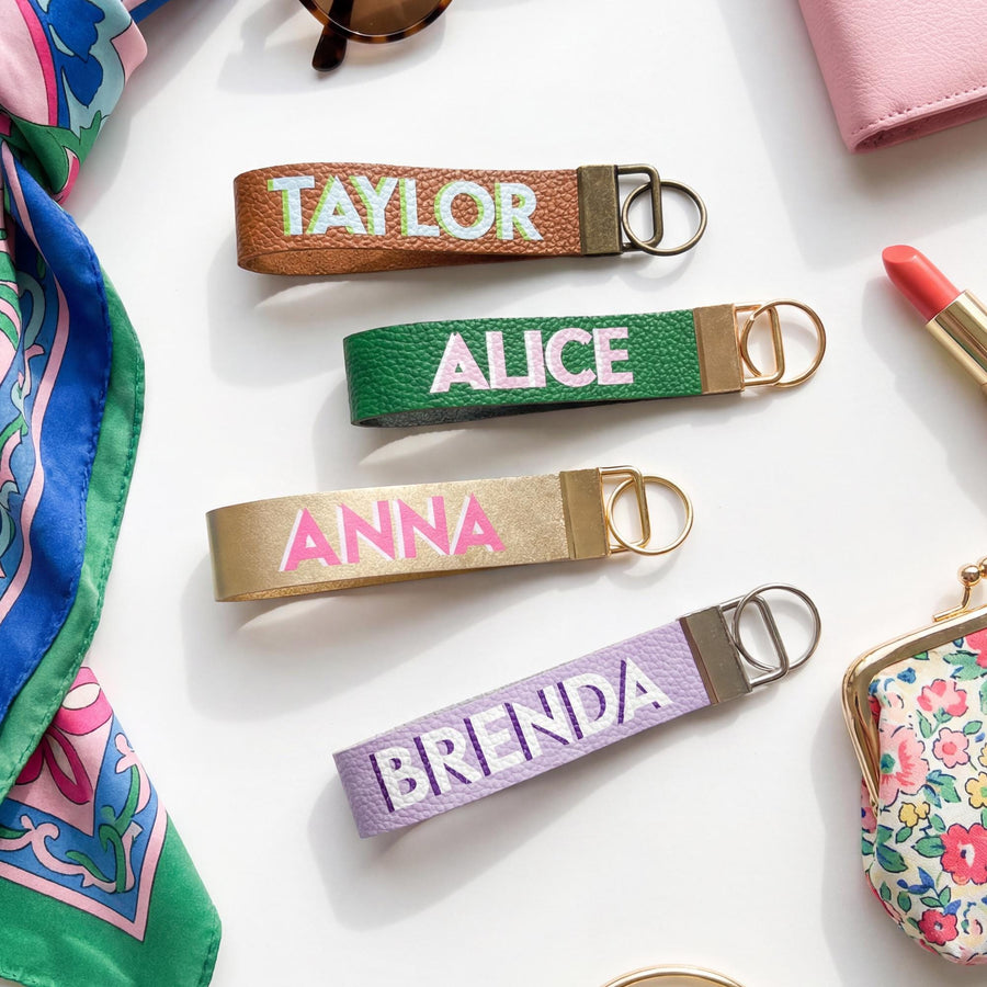 Personalized Shadow Monogram Vegan Leather Wristlet strap Keychain Key Ring Holder