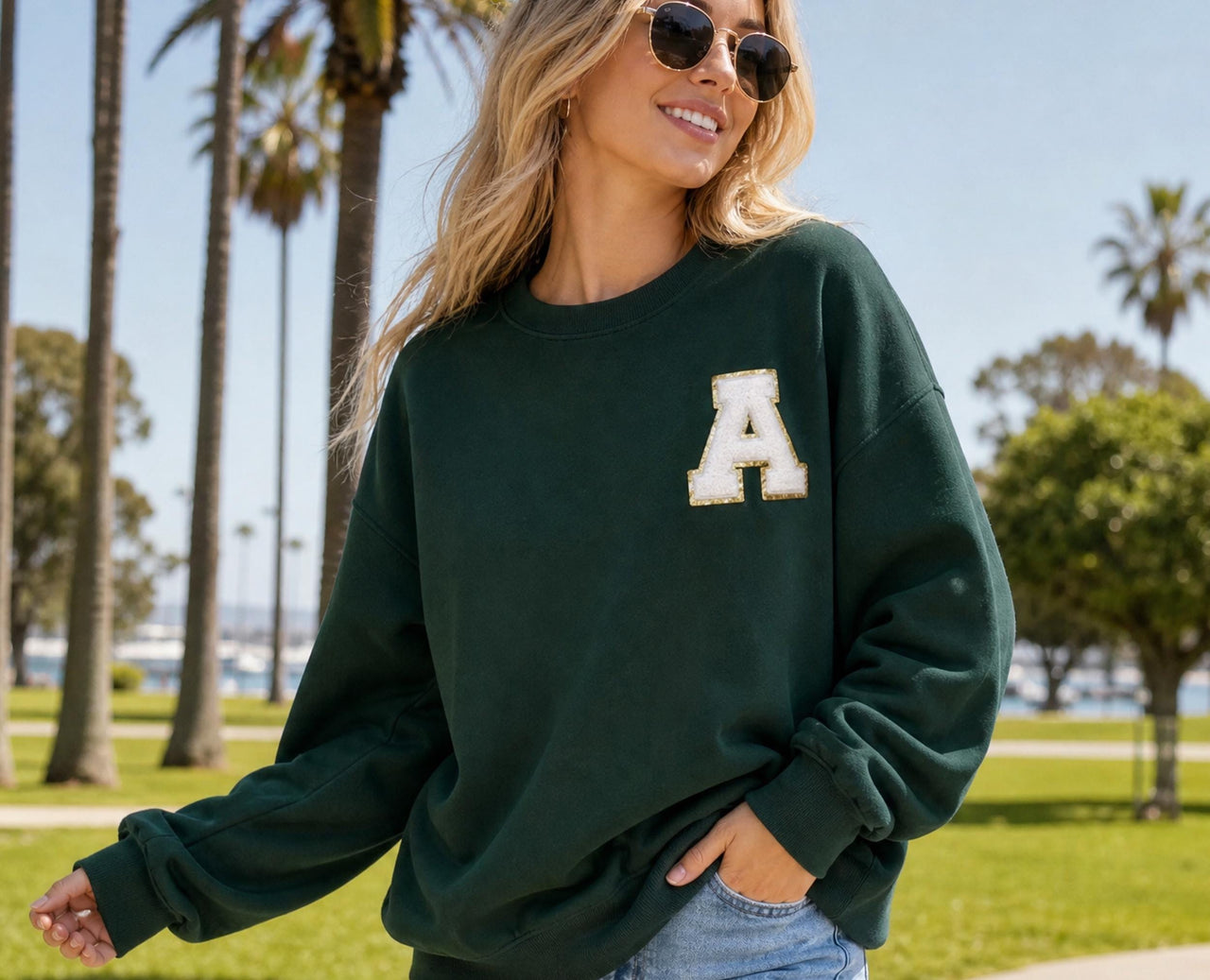 Varsity Letter Patch Crewneck Sweatshirt, Single Initial Monogrammed Chenille Applique Sweatshirt, Bridesmaid Bachelorette gifts 90s Y2K