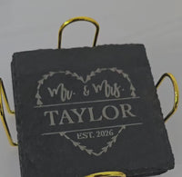Engraved Slate Coasters | Custom Unique Wedding Gift Personalized Housewarming Gift Set | Last Name Stone Coaster | Newlywed Gift for couple