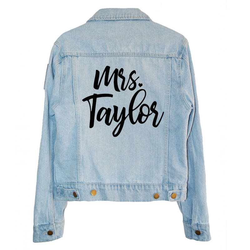 Custom Mrs. Leather Jacket Iron on Heat Transfer Mrs. Jacket Mrs. denim jacket Personalized Decal Bride leather jacket bride jacket -HT26HTV