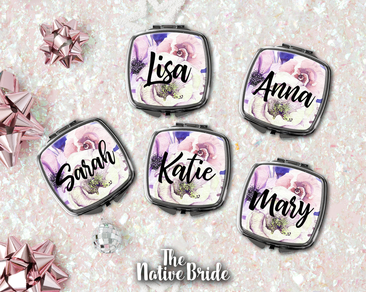 Set of 6 7 8 9 10 Personalized Boho Bridesmaid Gift compact mirrors Bridal shower favors teal purple floral feather cute girly -SCM2SUB