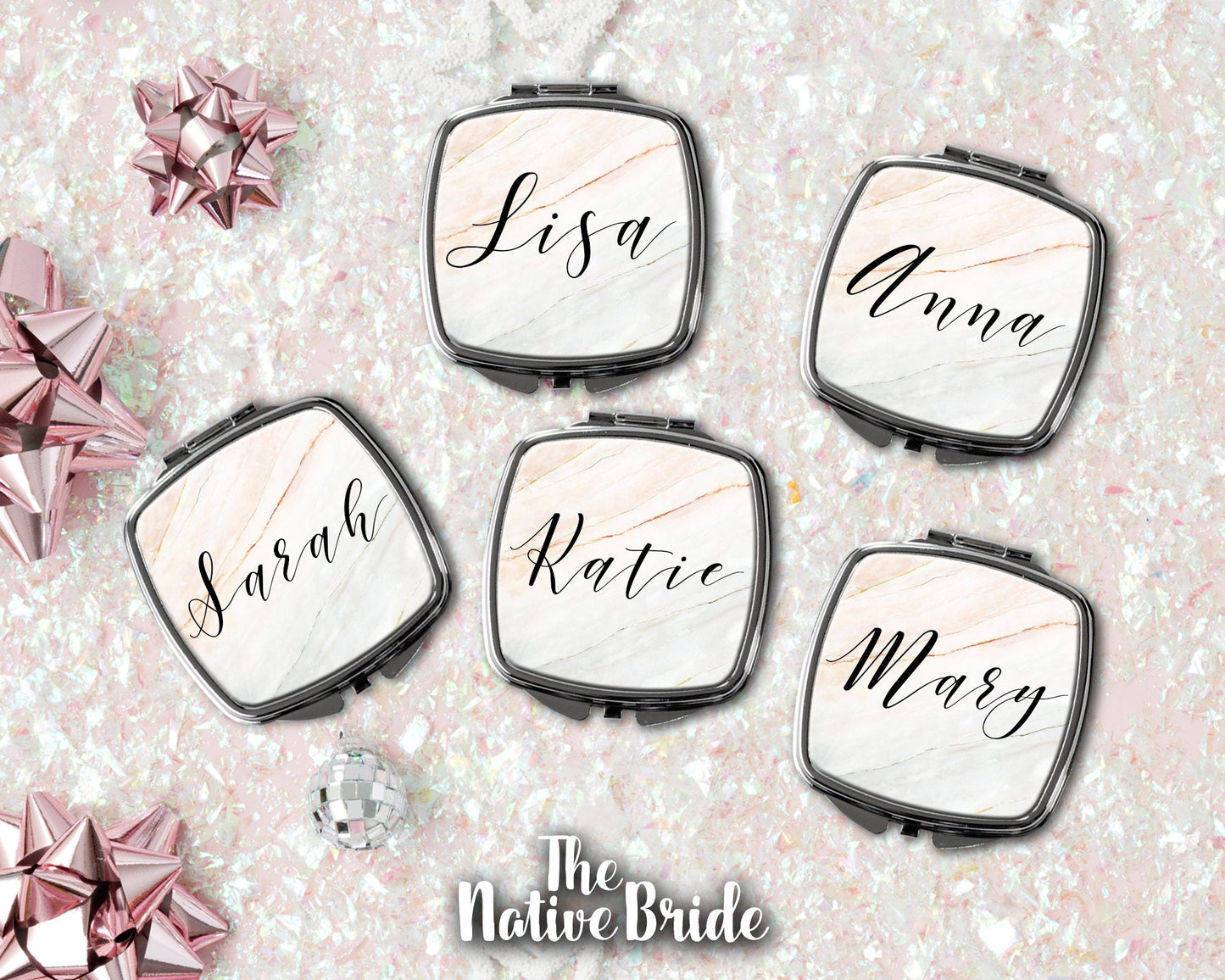 Set of 6 7 8 9 Personalized Marble Compact Mirrors Bridesmaid Gifts makeup pocket Modern minimalist boho bridal shower favor -SCM33SUB