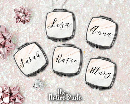 Set of 6 7 8 9 Personalized Marble Compact Mirrors Bridesmaid Gifts makeup pocket Modern minimalist boho bridal shower favor -SCM33SUB