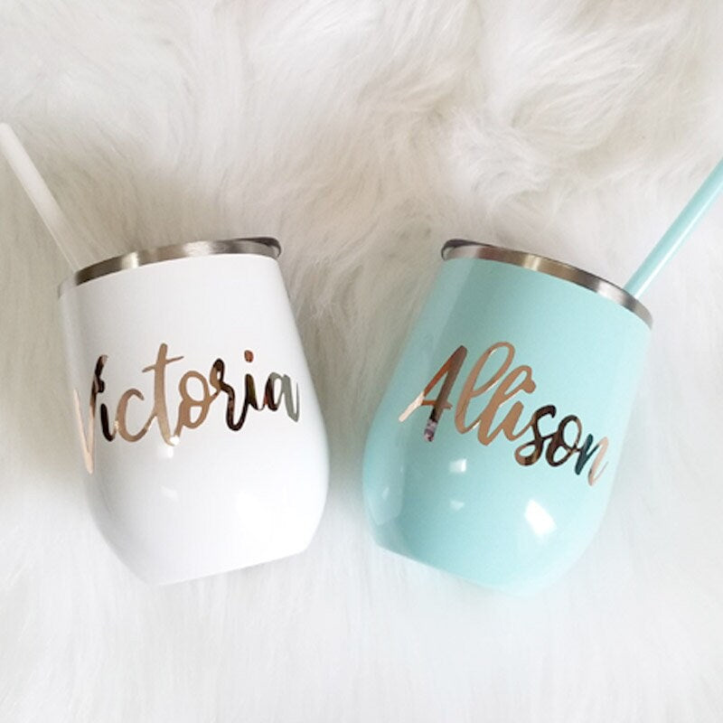 Set of 5 6 7 8 YOU CHOSE QTY metal wine tumbler Gold Rose Glitter Bridal shower favors Personalized Bridesmaid Gifts lid straw white - MWT2V