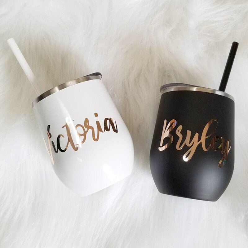 Set of 5 6 7 8 YOU CHOSE QTY metal wine tumbler Gold Rose Glitter Bridal shower favors Personalized Bridesmaid Gifts lid straw white - MWT2V