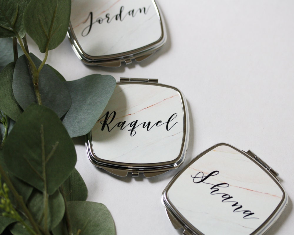 Set of 6 7 8 9 Personalized Marble Compact Mirrors Bridesmaid Gifts makeup pocket Modern minimalist boho bridal shower favor -SCM33SUB