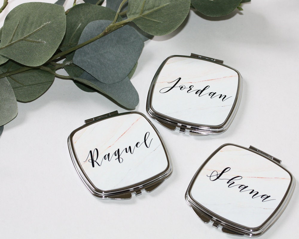 Set of 6 7 8 9 Personalized Marble Compact Mirrors Bridesmaid Gifts makeup pocket Modern minimalist boho bridal shower favor -SCM33SUB