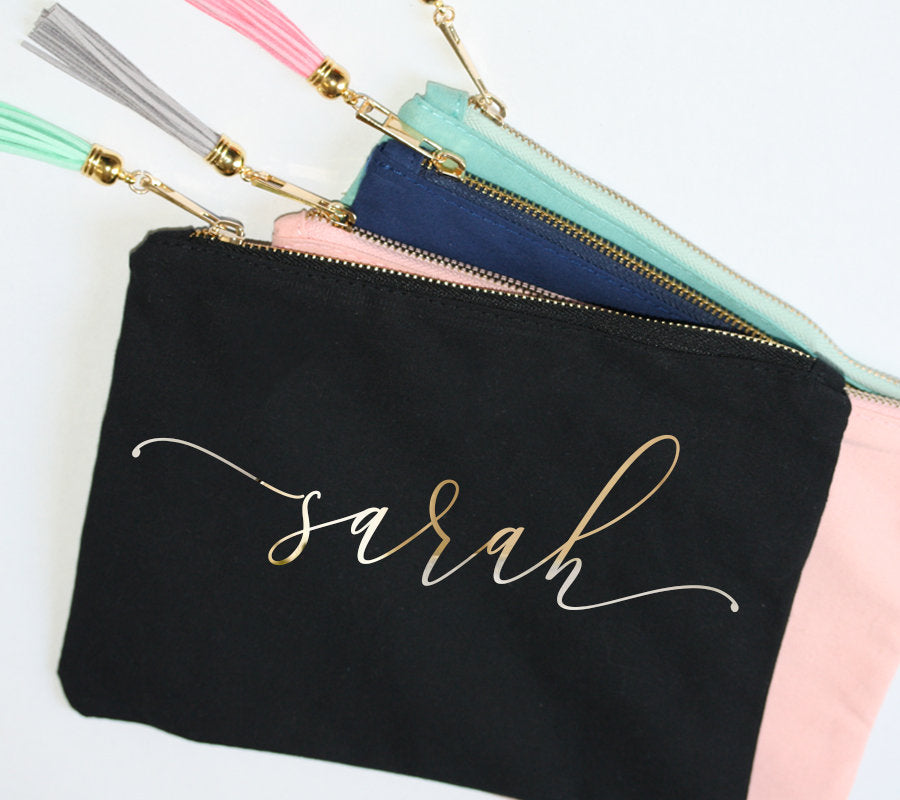 Personalized Bridesmaid Gift cosmetic makeup bag with tassel and gold zipper Bridal shower favor for her set of 6 7 8 gifts bride -CMB1CHTV