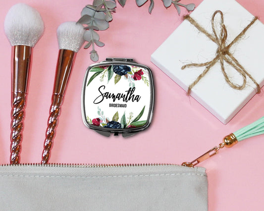 Personalized Bridesmaid Compact Mirror Set of 5 6 7 8 9 Bridal shower favors Bridal Party Gifts watercolor cursive custom -SCM42SUB