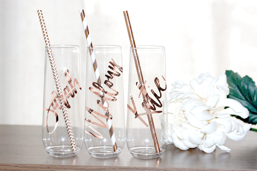 Personalized plastic Champagne Flutes stemless flutes Bridal Shower set of Bridesmaids Gifts Bachelorette Party Glasses Toasting - CF4DV