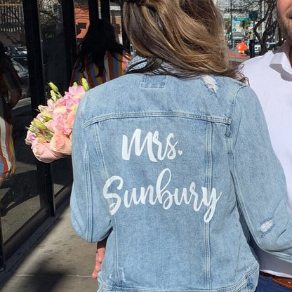 Custom Mrs. Leather Jacket Iron on Heat Transfer Mrs. Jacket Mrs. denim jacket Personalized Decal Bride leather jacket bride jacket -HT26HTV