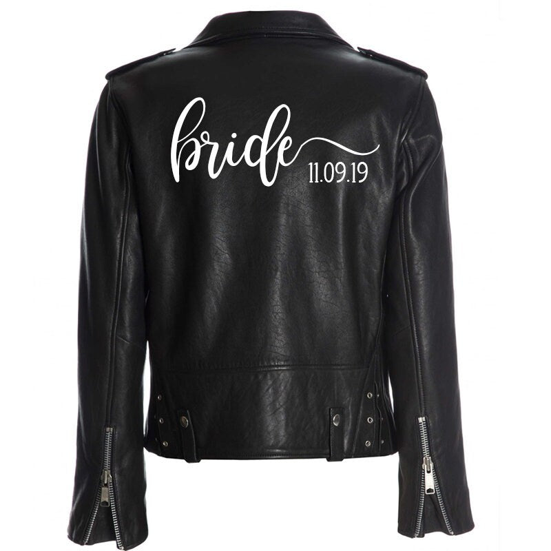 Personalized custom bride iron on decal with date for leather or denim jacket