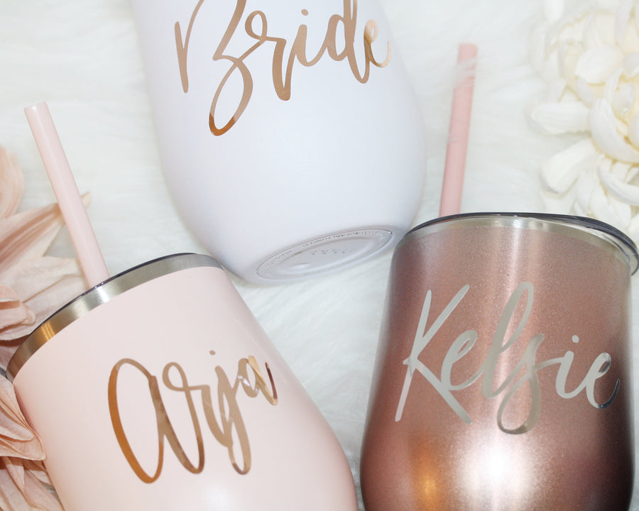 Set of 4 5 6 7 YOU CHOSE QTY metal wine tumbler with lid and straw Bridal shower favors Personalized Bridesmaid Gifts rose gold - MWT4V
