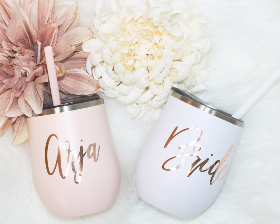 Set of 4 5 6 7 YOU CHOSE QTY metal wine tumbler with lid and straw Bridal shower favors Personalized Bridesmaid Gifts rose gold - MWT4V