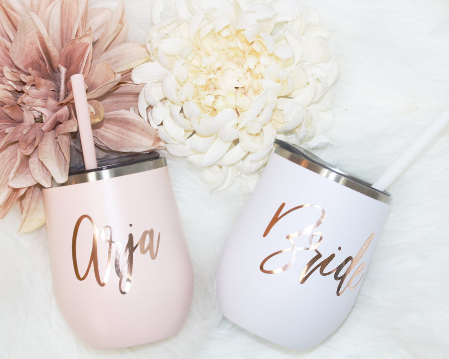 Set of 4 5 6 7 YOU CHOSE QTY metal wine tumbler with lid and straw Bridal shower favors Personalized Bridesmaid Gifts rose gold - MWT4V