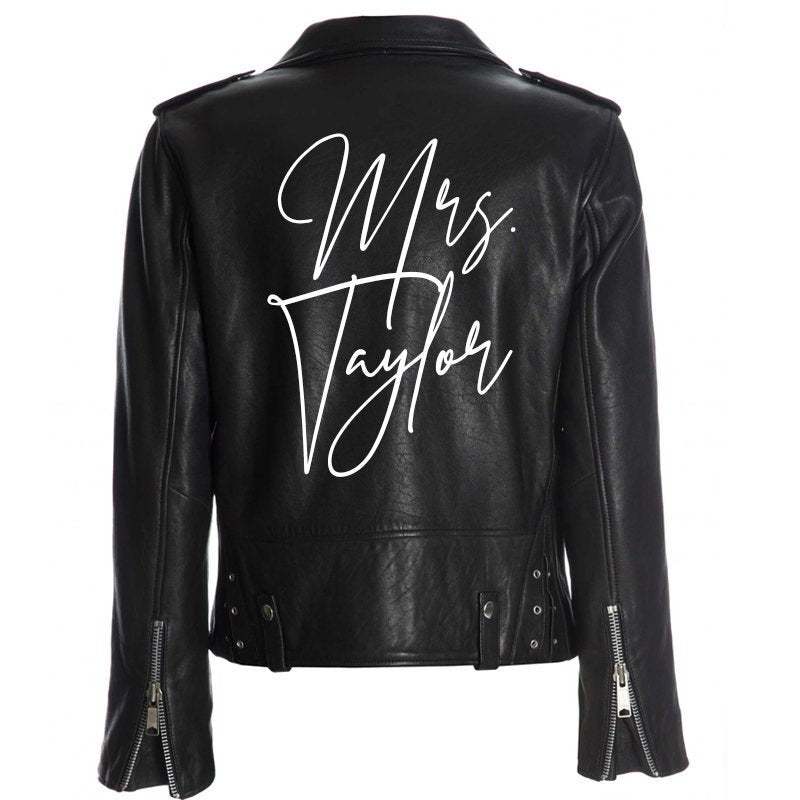 Custom Mrs. Leather Jacket Iron on Heat Transfer Mrs. Jacket Mrs. denim jacket Personalized Decal Bride leather jacket bride jacket -HT26HTV