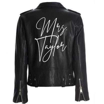 Custom Mrs. Leather Jacket Iron on Heat Transfer Mrs. Jacket Mrs. denim jacket Personalized Decal Bride leather jacket bride jacket -HT26HTV