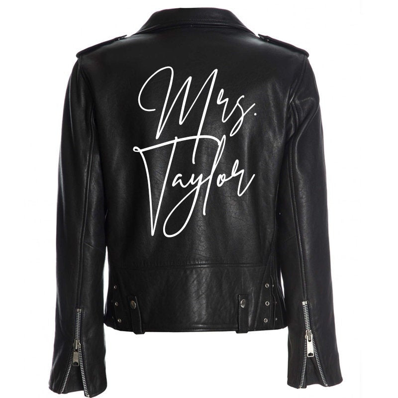 Custom Mrs. White Denim Jacket // Iron on Heat Transfer // Mrs. Jacket Mrs. Personalized Decal works on faux leather + leather bride jacket