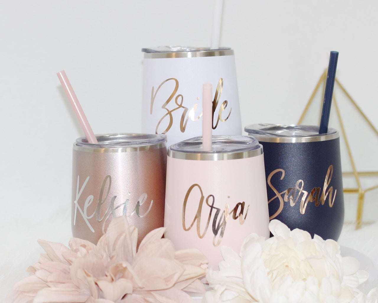 Set of 4 5 6 7 YOU CHOSE QTY metal wine tumbler with lid and straw Bridal shower favors Personalized Bridesmaid Gifts rose gold - MWT4V