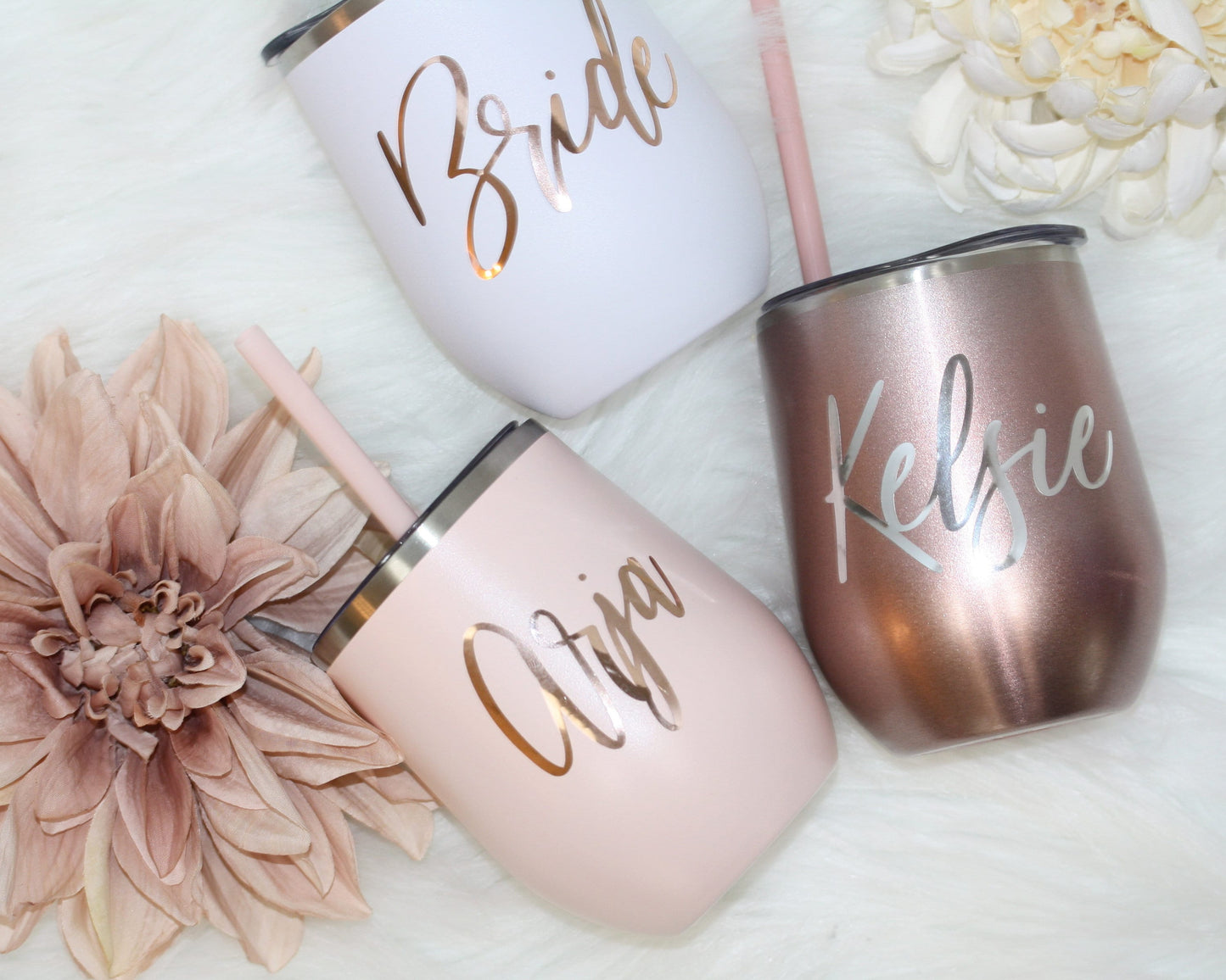 Set of 4 5 6 7 YOU CHOSE QTY metal wine tumbler with lid and straw Bridal shower favors Personalized Bridesmaid Gifts rose gold - MWT4V