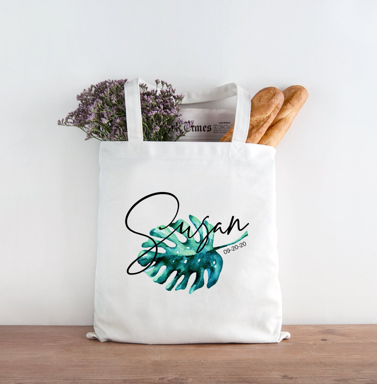 Palm leaf tote bag personalized with name and date