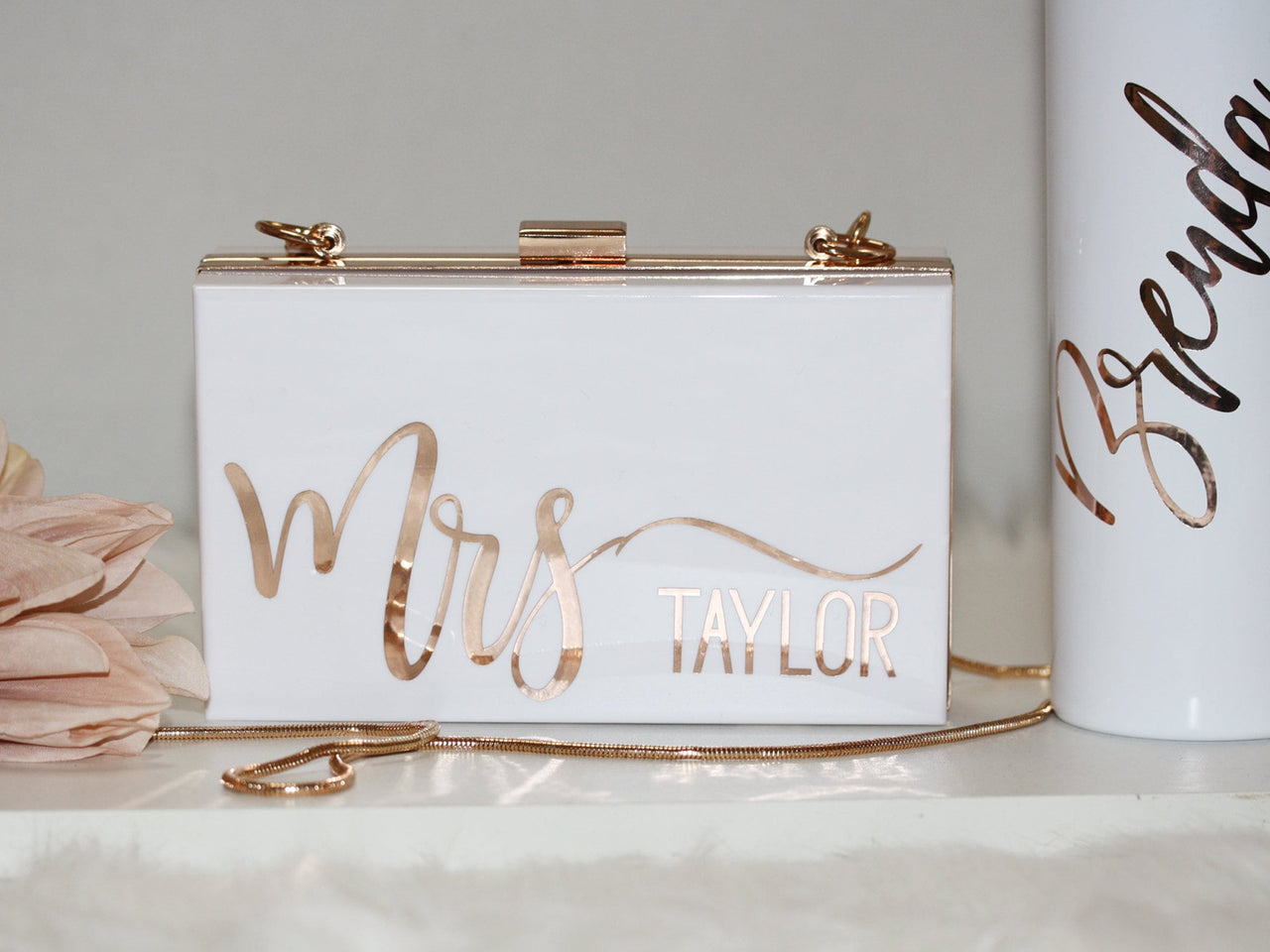 Personalized Acrylic Bridal Clutch for Future Mrs Bride With Chunky Pearl Strap and New Last Name