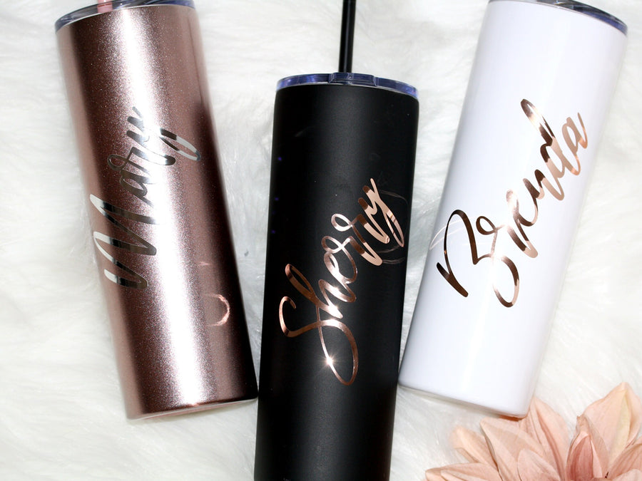 Personalized Tall Metal Tumblers with Lid and Straw Bridesmaid Gifts Rose Gold Blush Pink Set of 4 5 6 7 8 9 Custom Cups maid of honor -TT4V