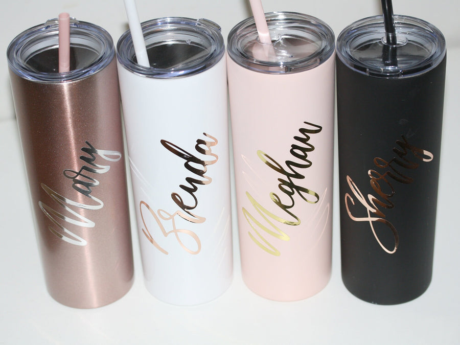 Personalized Tall Metal Tumblers with Lid and Straw Bridesmaid Gifts Rose Gold Blush Pink Set of 4 5 6 7 8 9 Custom Cups maid of honor -TT4V