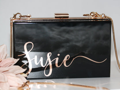 Personalized Acrylic Bridal Clutch for Future Mrs Bride With Chunky Pearl Strap and New Last Name