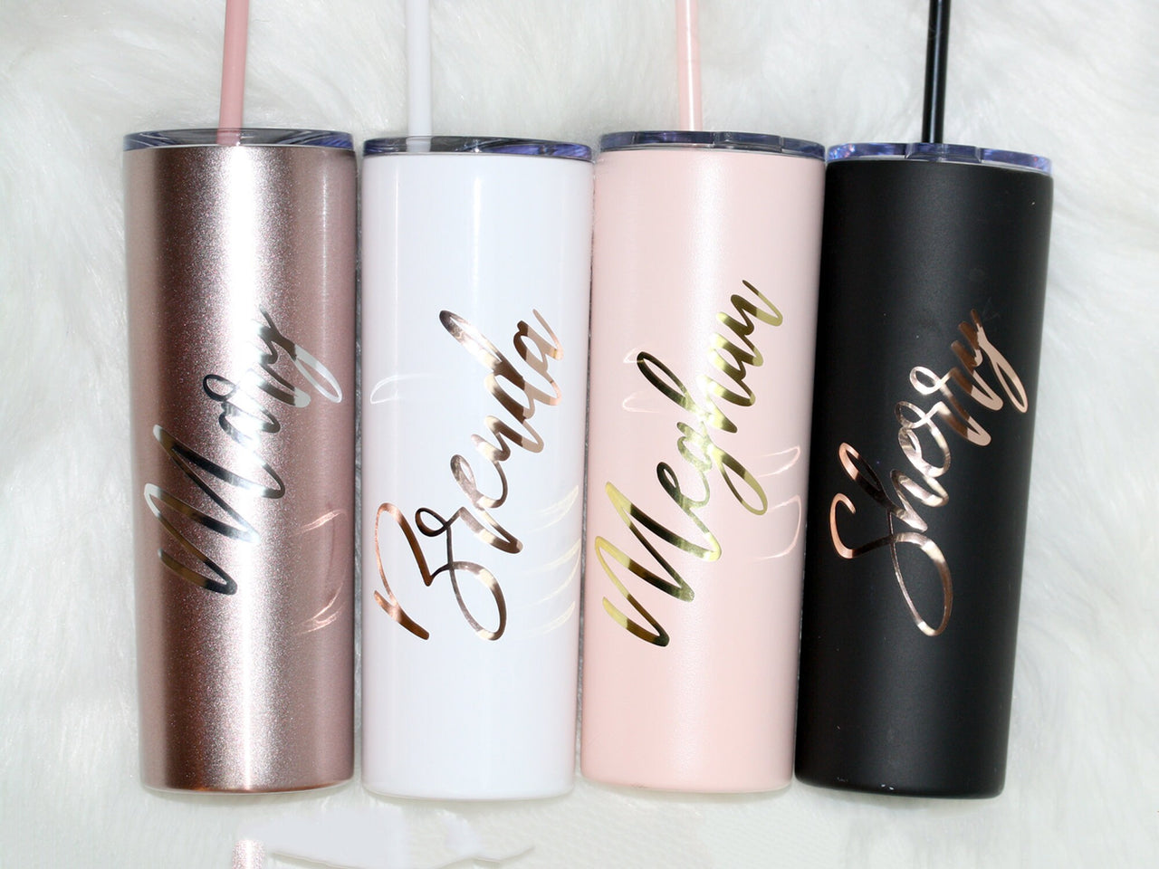 Personalized Tall Metal Tumblers with Lid and Straw Bridesmaid Gifts Rose Gold Blush Pink Set of 4 5 6 7 8 9 Custom Cups maid of honor -TT4V