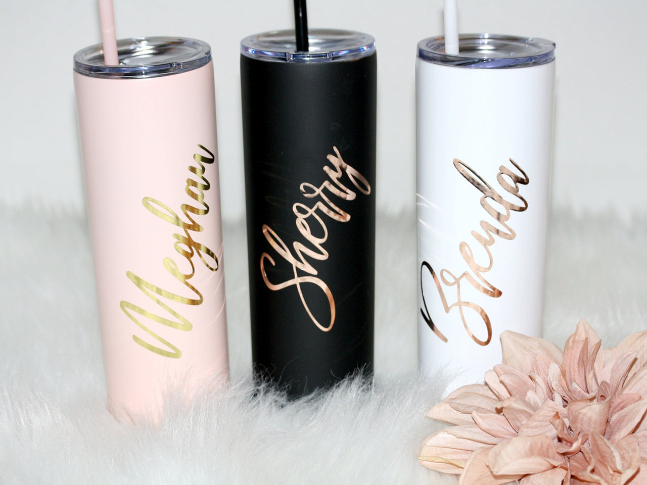 Personalized Tall Metal Tumblers with Lid and Straw Bridesmaid Gifts Rose Gold Blush Pink Set of 4 5 6 7 8 9 Custom Cups maid of honor -TT4V