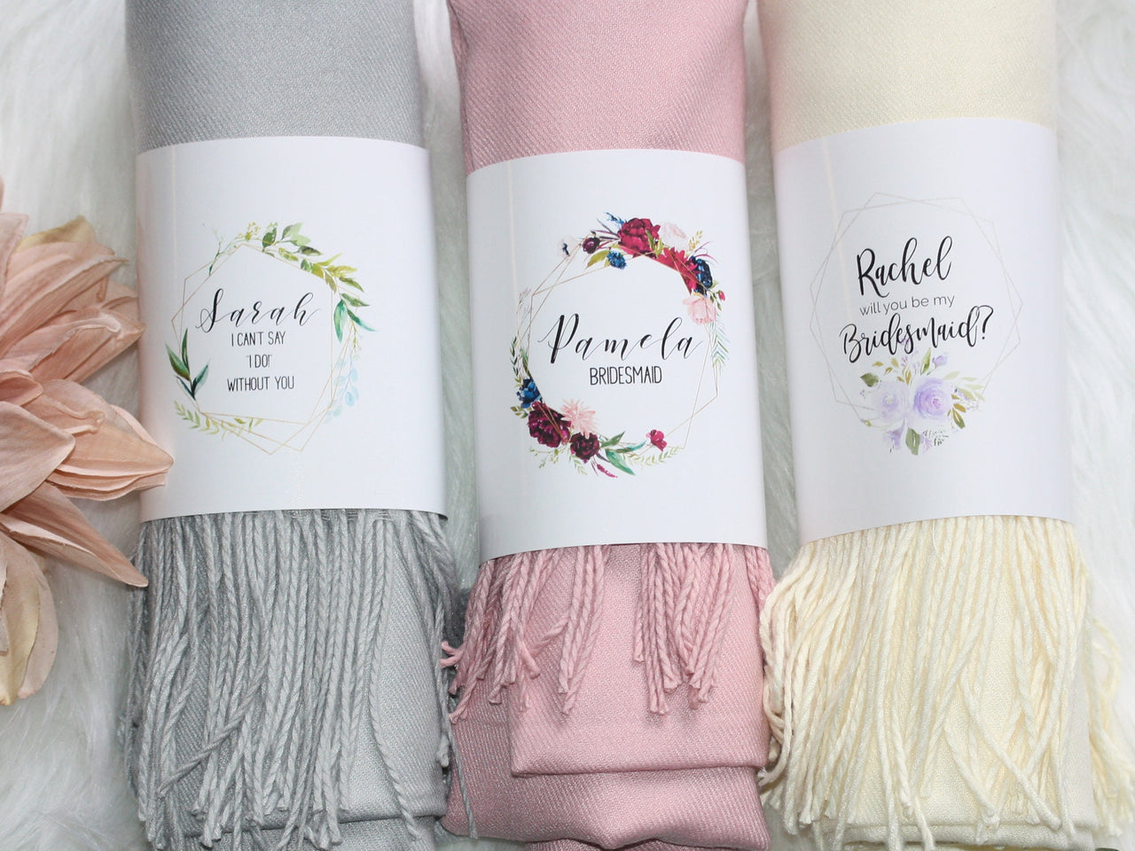 Cashmere blend bridesmaid pashmina with personalized band spring shawl fall scarf winter wedding favor bridesmaid proposal bridal party gift