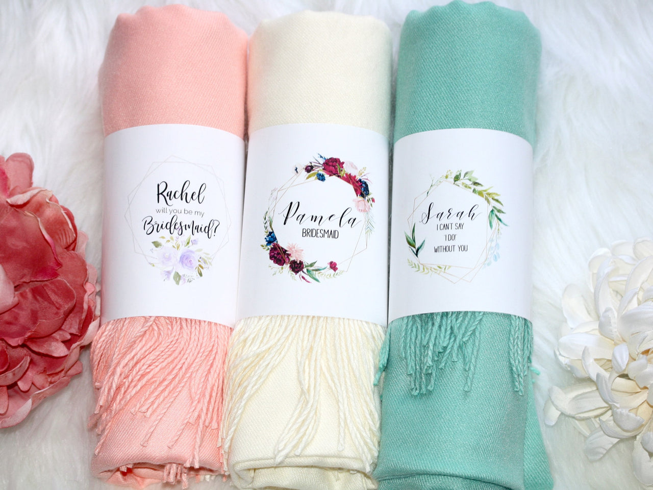 Cashmere blend bridesmaid pashmina with personalized band spring shawl fall scarf winter wedding favor bridesmaid proposal bridal party gift