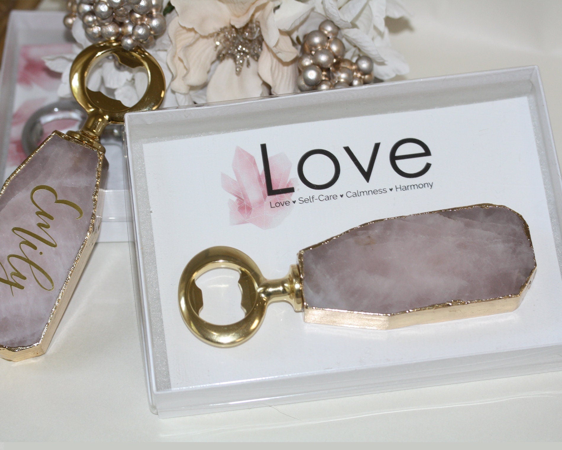 Personalized Bridesmaid Gifts Gemstone Rose Quartz Bottle opener Proposal box, Luxury Gift for Maid of honor, bride, mother of bride groom