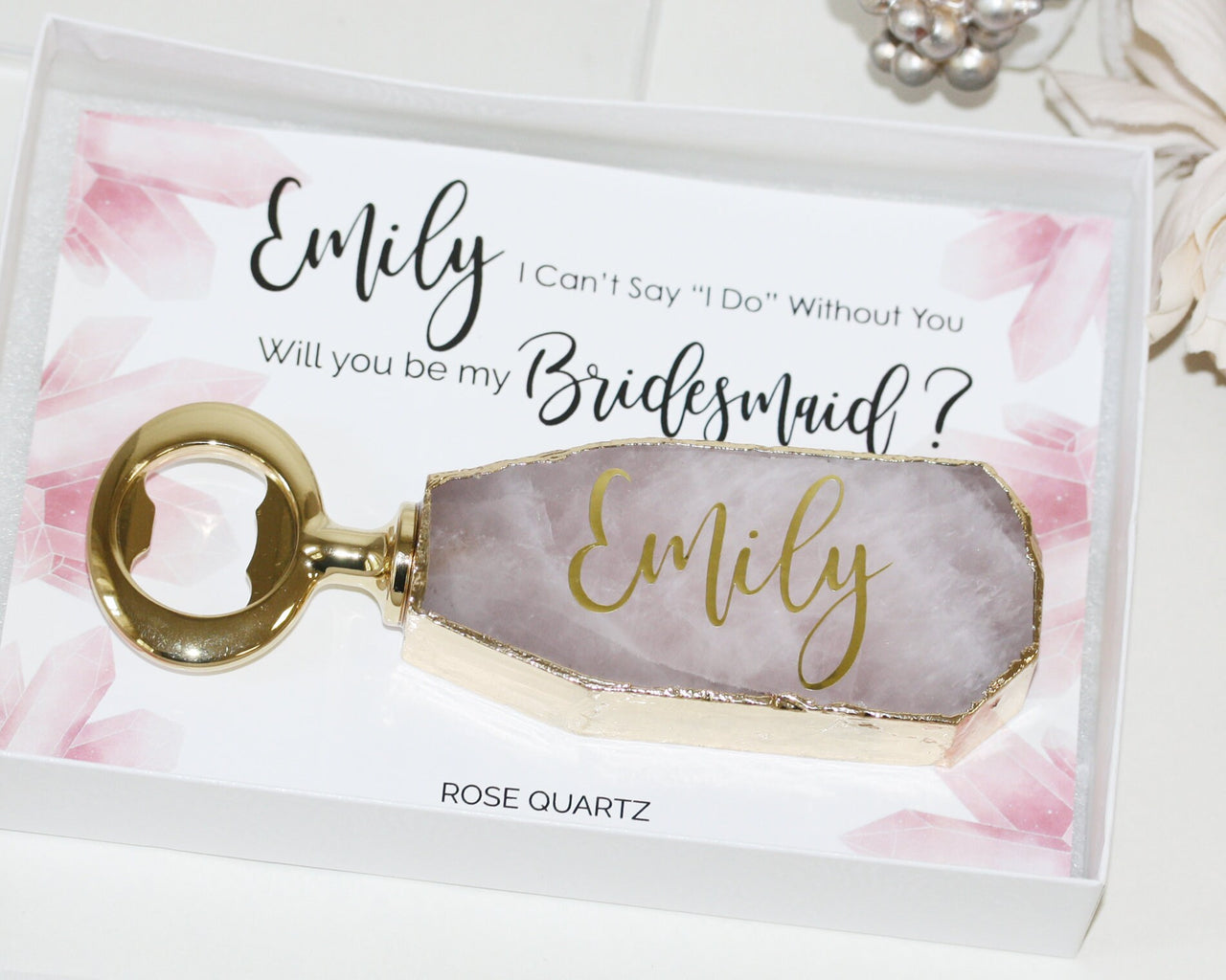Personalized Bridesmaid Gifts Gemstone Rose Quartz Bottle opener Proposal box