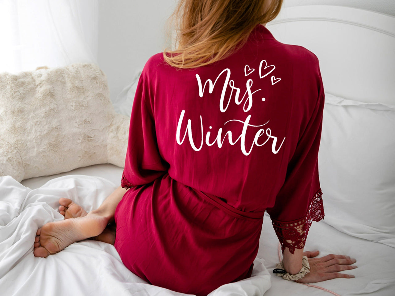 Bridal robe with lace Mrs Robe Personalized Cotton honeymoon gift for bride bridal shower valentines day burgundy robe getting ready