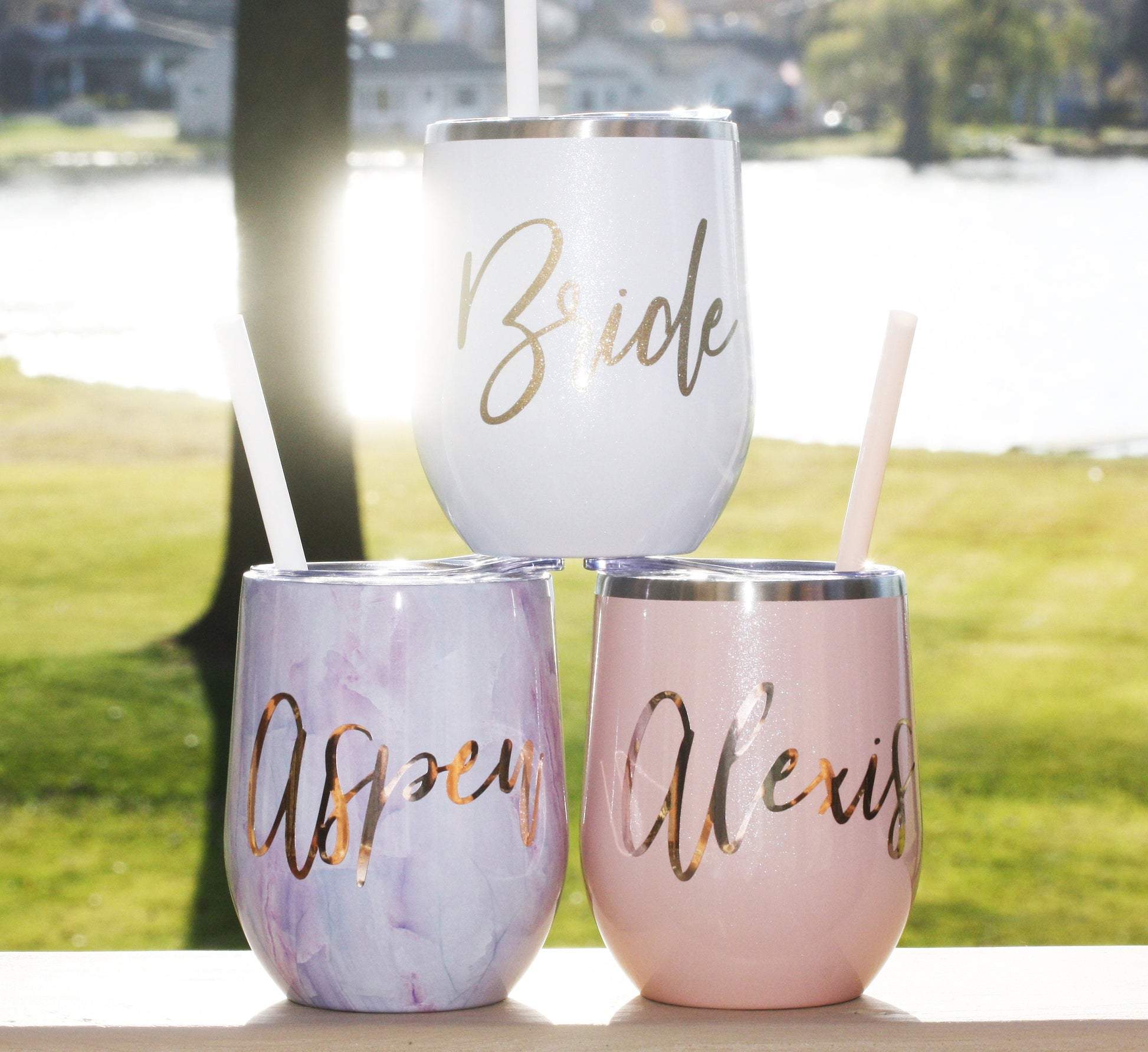 Personalized Wine Tumblers with lid and straw in glitter blush