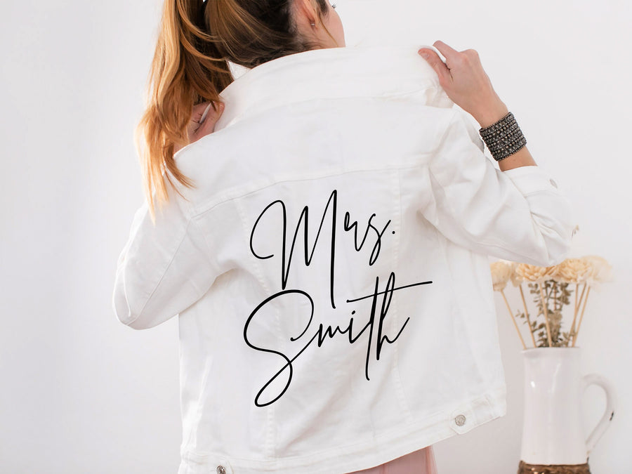 Custom Mrs. Leather Jacket Iron on Heat Transfer Mrs. Jacket Mrs. denim jacket Personalized Decal Bride leather jacket bride jacket -HT26HTV