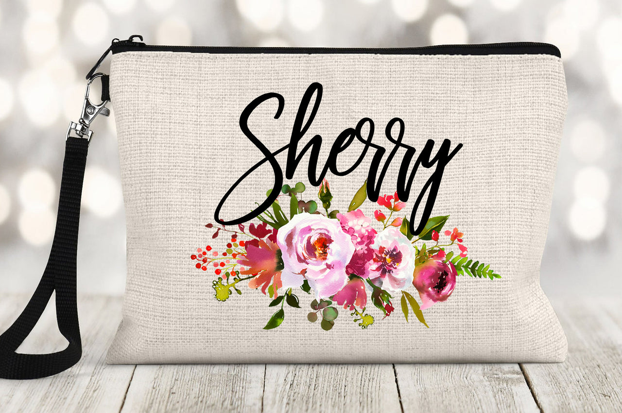 Personalized Make Up Bag with Zipper and wristlet strap