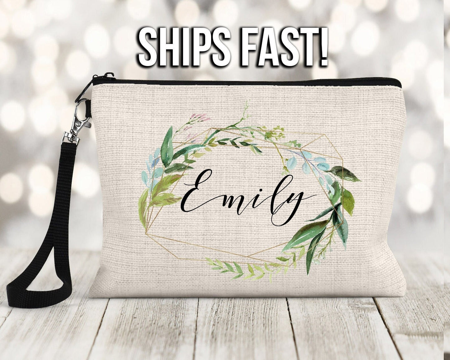 Personalized Make Up Bag with Zipper and wristlet strap