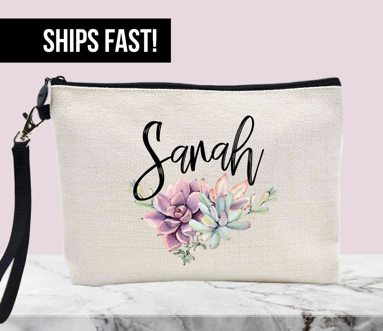 Personalized Make Up Bag with Zipper and wristlet strap with clip