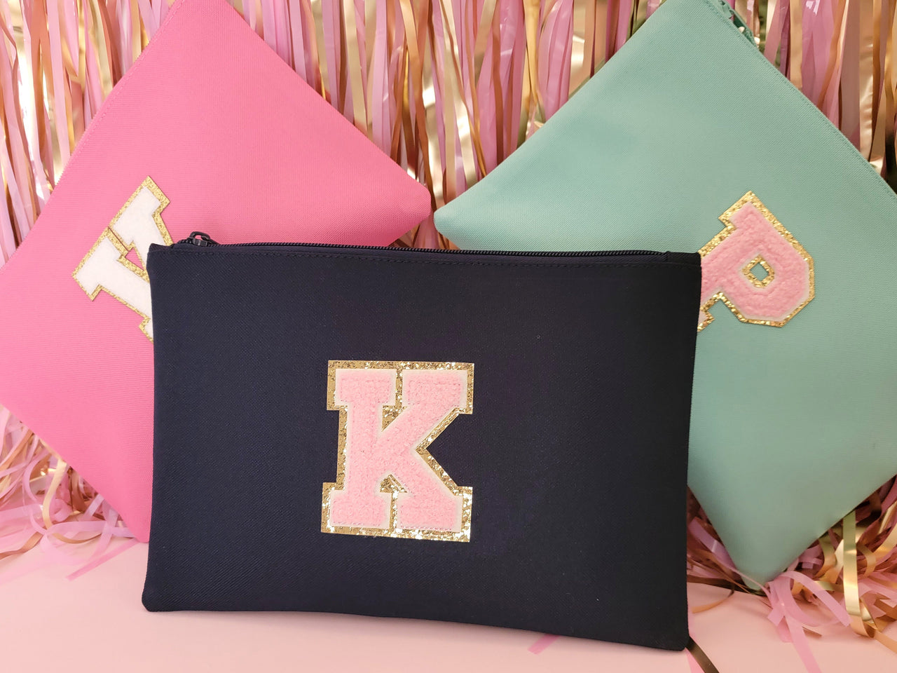 Personalized Varsity Letter Patch Makeup Bag, Chenille Patch Pouch, Preppy Bridesmaid gifts, Bridal shower, bride cosmetic bridal party