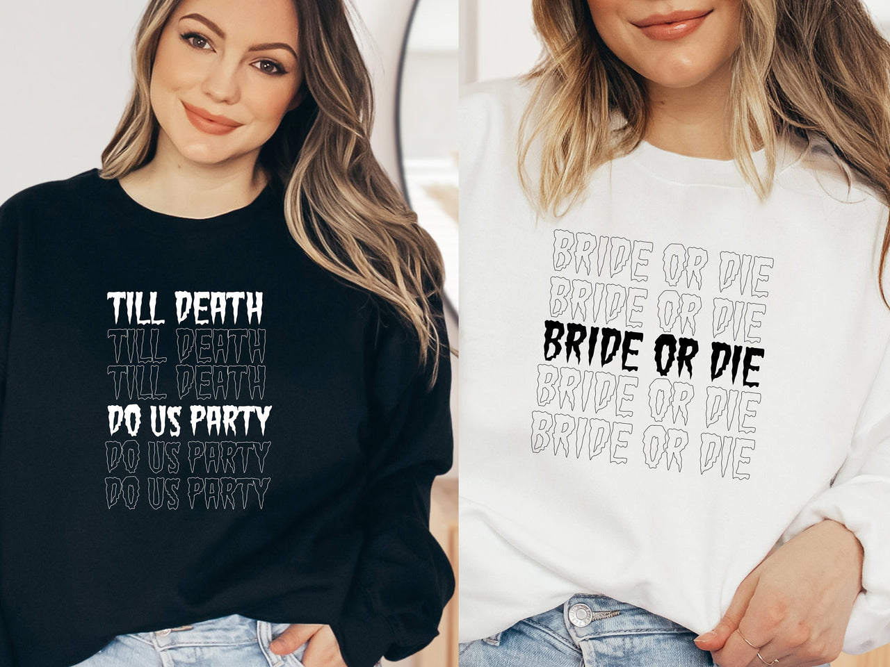Bride or Die Till Death do us Party crewneck sweatshirt, Halloween Death of a Bachelorette Party Shirts, Spooky Witchy Bach Party Shirts