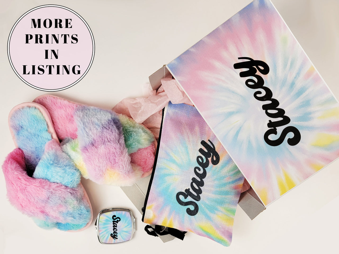Gift Box Set | Bridesmaid Proposal | Personalized Bridesmaids Gifts | Makeup Bag Zipper Pouch Compact Mirror Pink Tie Dye Rave Hippie Gifts