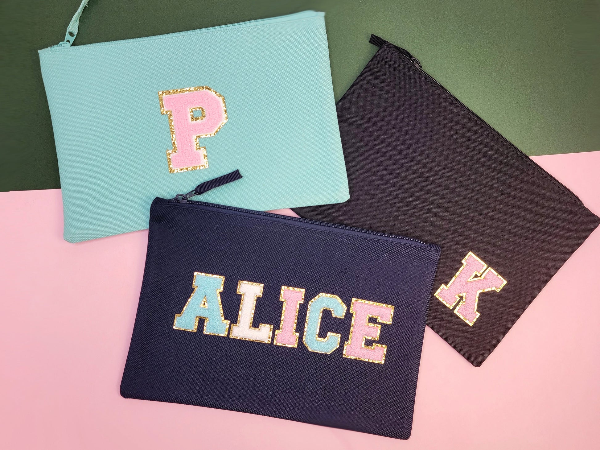 Personalized Varsity Letter Patch Makeup Bag, Chenille Patch Pouch, Preppy Bridesmaid gifts, Bridal shower, bride cosmetic bridal party